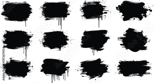 Collection of abstract black brush strokes and splatters on a white background