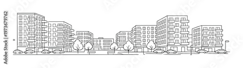 Row of apartment buildings with trees and parked cars