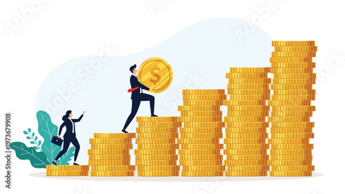Business professionals climb stairs made of gold coin stacks representing financial growth and career success.