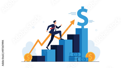 Businessman runs up rising bar chart towards giant dollar sign symbolizing financial growth and career goals.