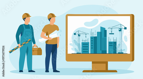 Professional construction workers reviewing building plans on digital monitor