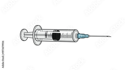 Detailed illustration of medical syringe on white background representing vaccination and healthcare treatment.