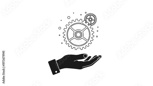 Black silhouette of hand holding outline of mechanical gears representing industrial process and system management.
