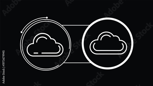 Two cloud icons in circles connected by lines on black background representing network and cloud data storage.