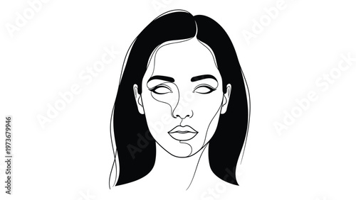 Elegant one line art drawing of woman face with flowing black hair representing minimalist beauty and fashion.