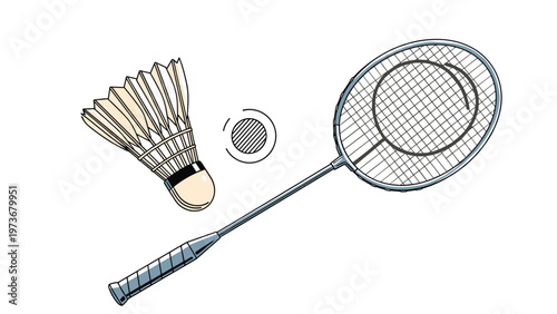 Badminton racket and shuttlecock bird with circular movement marks representing active sport and outdoor recreation.