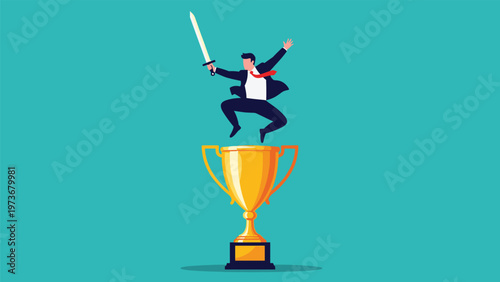 Businessman holding sword jumps over giant gold trophy representing victory and overcoming business challenges.