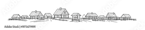 Rural village houses with fences and a central well