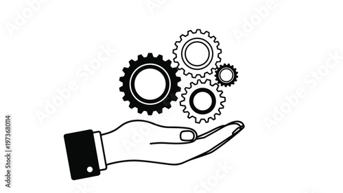 Outline of hand holding interlocking mechanical gears representing collaboration and industrial system process.