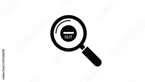 Black magnifying glass icon with minus sign and out text representing zoom out and search functional interface.