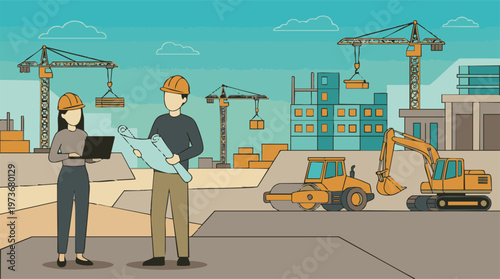 Team of engineers overseeing construction site with building and heavy equipment