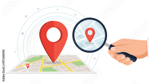 Red location pin on a map with a magnifying glass held by a hand highlighting a specific area for navigation purposes.