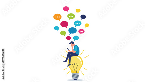 Creative professional sitting on a large glowing lightbulb while using a smartphone surrounded by colorful speech bubbles.