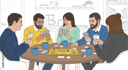 Group of Friends Playing Board Game or Card Game Together at Table for Social, Fun, and Family Gathering Designs