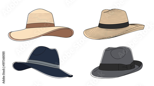 Collection of four stylish hats including fedoras and straw sun hats in different colors and materials for various seasons.