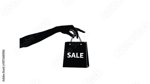 Elegant silhouette of a hand holding a black shopping bag with the word sale written on it representing consumerism.