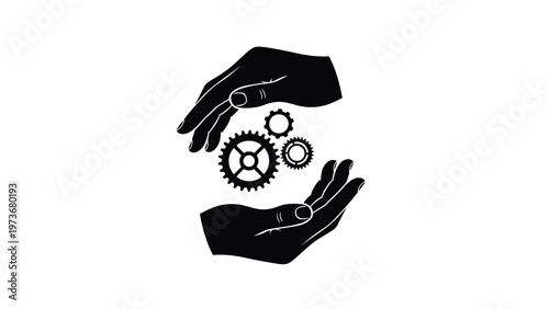 Two hands carefully cupped around a set of interlocking gears representing management, protection, and cooperation.