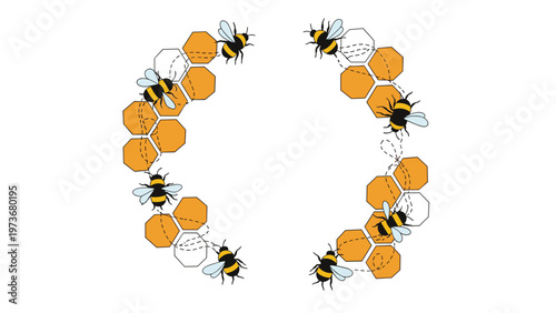 Decorative circular arrangement of honey bees flying around golden honeycombs symbolizing teamwork and nature.