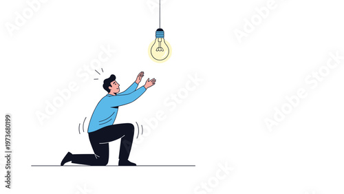 Person kneeling on the ground and reaching upwards with both hands towards a hanging glowing lightbulb symbolizing ideas.