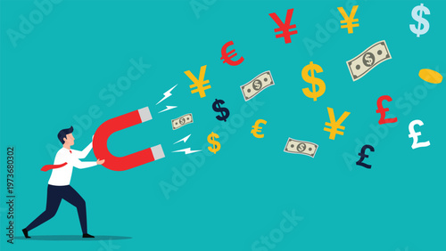Successful businessman using a large red magnet to attract various currency symbols and cash on a turquoise background.