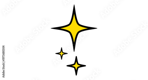 Set of sparkling stars icons, yellow fourpointed star shapes with black outlines