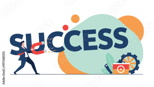 Professional man using a magnet to pull the word success towards him while surrounded by business tools and icons.