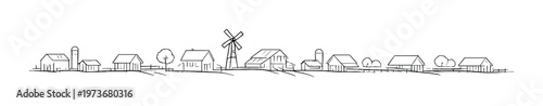 Rural farmhouses and windmill across a flat landscape
