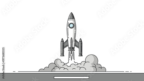 Detailed illustration of a rocket ship launching vertically into space with large clouds of smoke at the base on white background.
