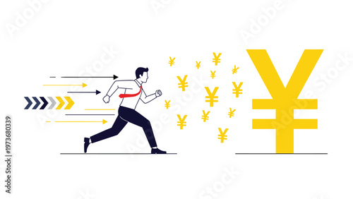 Motivated businessman running fast towards a giant gold yen currency symbol surrounded by smaller symbols to represent profit.