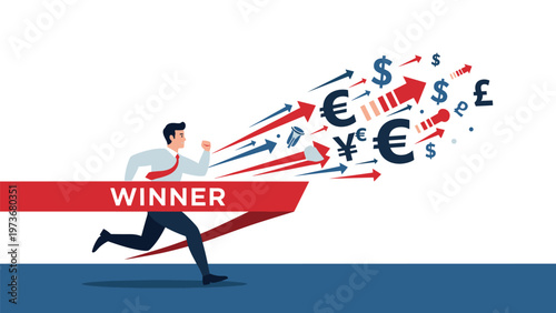 Successful businessman crossing a red finish line ribbon labeled winner while running towards various international currency symbols.