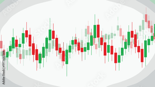 Abstract green and red financial candlestick chart on a light background showing market volatility and trading activity.