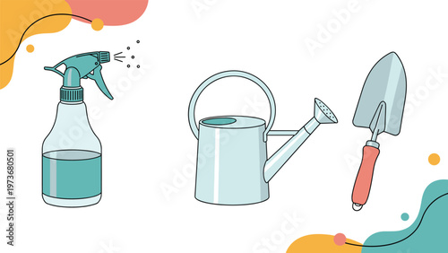 Essential gardening tools including spray bottle watering can and hand trowel for backyard plant care and landscaping hobby.