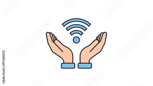 Pair of hands holding blue wifi signal icon representing wireless connectivity internet access and global technology network.