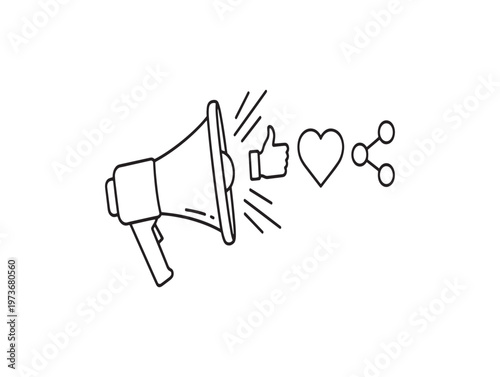 Title doodle illustration of a megaphone broadcasting social media icons likes hearts and shares description a hand drawn style image featuring a megaphone