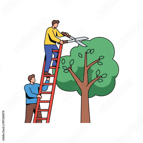 Two men pruning tree in style with bright colors on white background for gardening or landscaping