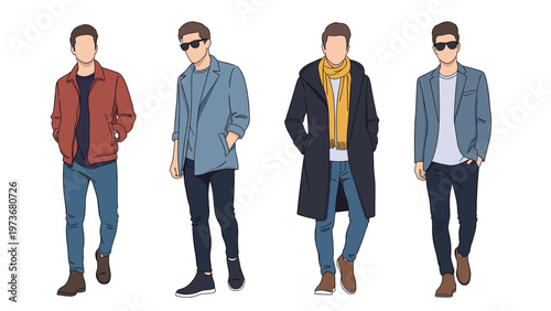 Collection of four stylish men wearing various casual and professional outfits including jackets coats and fashionable accessories.