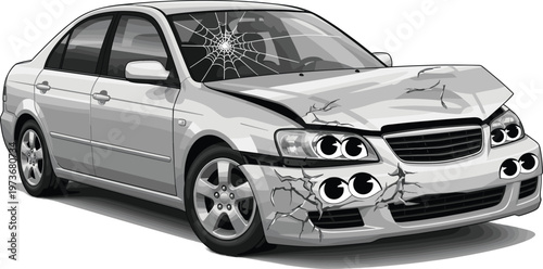 Car Accident Illustration Featuring Damaged Vehicle with Cracked Windows and Front End Collision for Insurance, Safety, and Traffic Designs