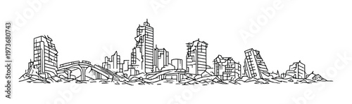 Ruined city skyline with collapsed buildings and bridge