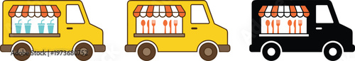 Food Truck Icon Set with Street Vendor Van, Mobile Catering, Beverage and Meal Service, and Urban Delivery Business Symbols