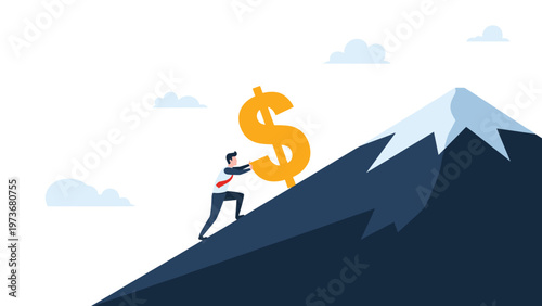 Determined businessman pushing large yellow dollar sign up a steep mountain slope as a metaphor for financial struggle and effort.