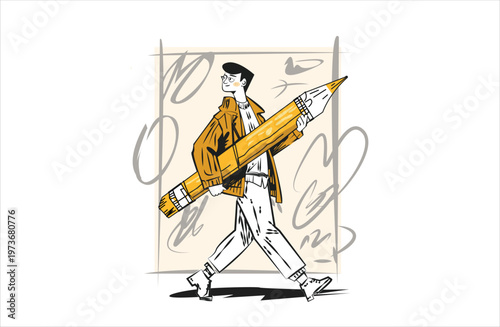 Creative designer walking with oversized pencil illustration representing imagination creativity artistic workflow and idea development in modern hand drawn flat style