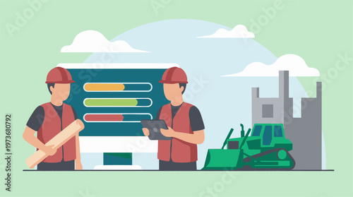 Construction project management with engineers and digital monitoring