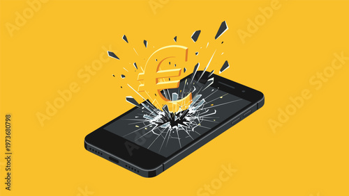 Mobile phone with golden euro currency symbol smashing through its cracked glass display as financial technology concept.
