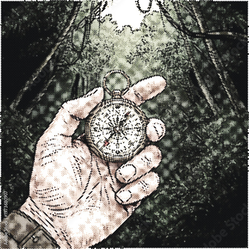 Hand holding compass direction halftone comic style vector sticker icon navigation travel explorer
