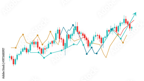 Professional financial candlestick stock market chart with multiple moving average lines and a final upward green arrow for growth.