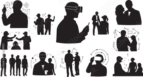 Silhouettes of people in various business and social interactions