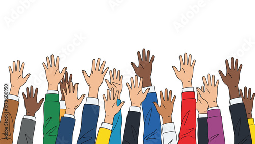 Crowd of numerous diverse hands from different backgrounds raised up in the air representing unity volunteerism and voting.