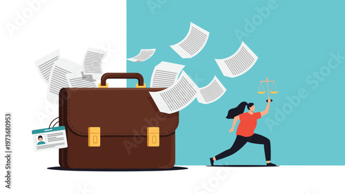 Professional woman holding scales of justice runs towards a large briefcase with legal documents flying out in the air.