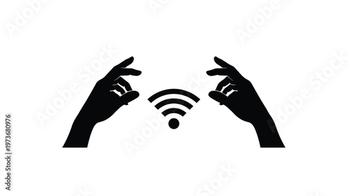 Black silhouette of two hands positioned around a wireless internet signal icon on a plain white background for connectivity concept.