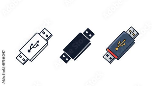 Set of three usb flash drive icons showing outline, solid black, and colored versions of a portable data storage device.